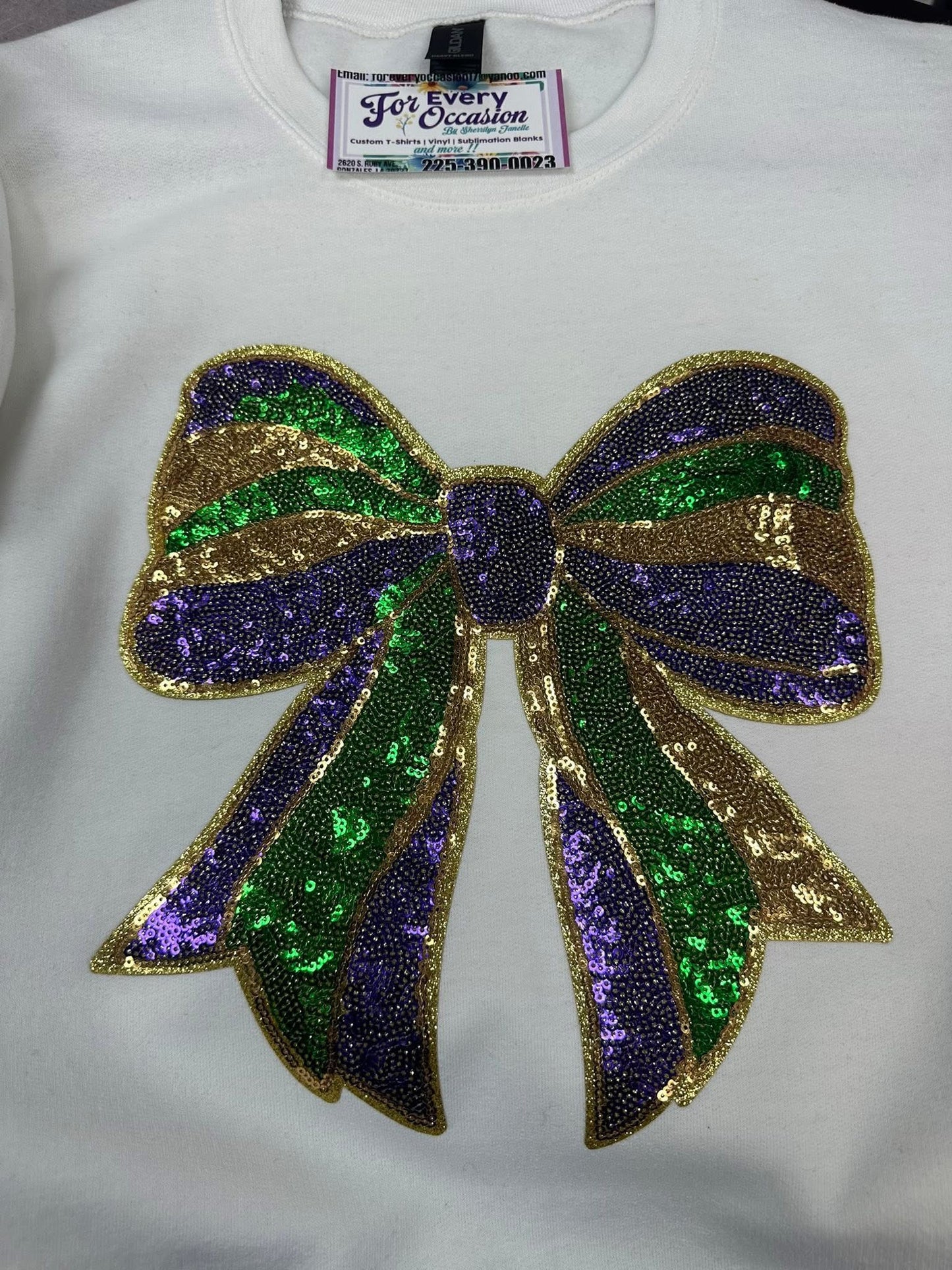 Mardi Gras Sequin Bow Patch (Gold trim)